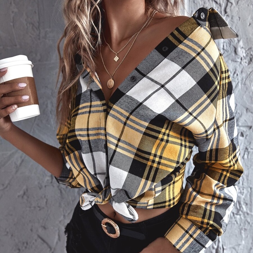 plaid button down front tie long sleeve top yellow
